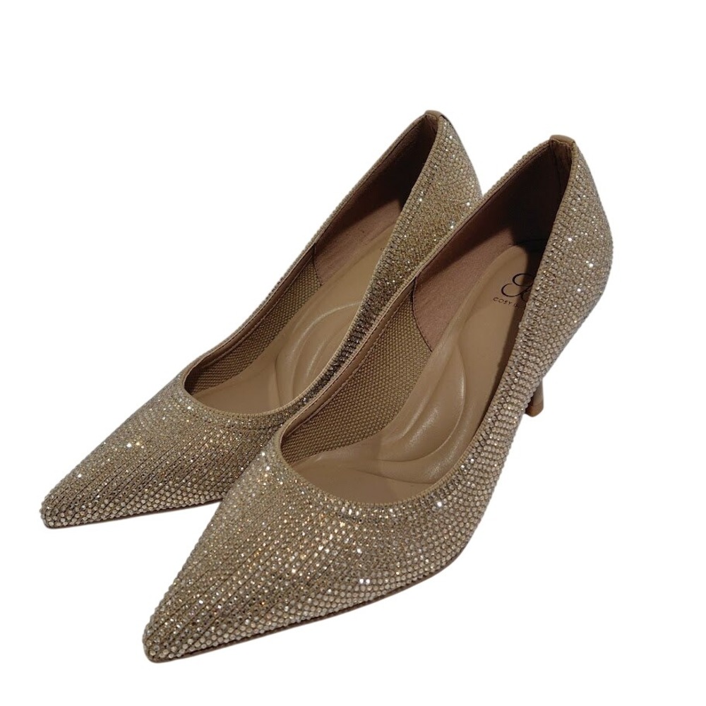 Cosy Island Champagne Gold Rhinestone Pointed Toe Pumps Kitten Heels 5W